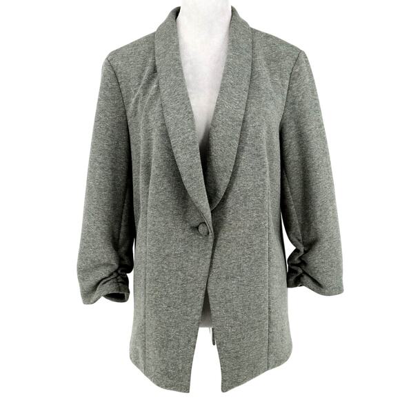 Saks Fifth Avenue Jacket Womens XL Gray Stretch Knit Ruched Sleeves Lined Blazer - Picture 1 of 16